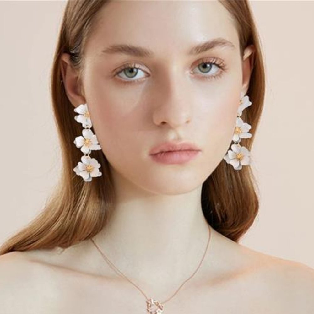 White Matte Flower Dangle Earrings Tiered Floral Drop Stud Chandelier Earrings